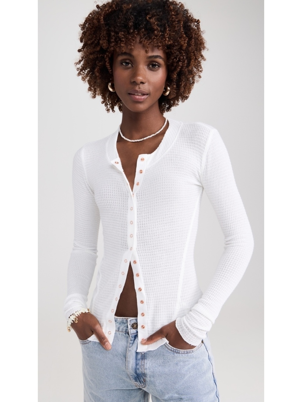Free People White Waffle Knit Button-Up Going Places Cardigan Size Large